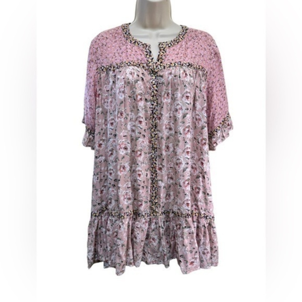 Easel Pink floral Button down half sleeve ruffled tunic top dress